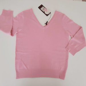 DAISY FUENTES Silk Cashmere V-Neck Sweater, 3/4 sleeve, Lt Pink, Sz M